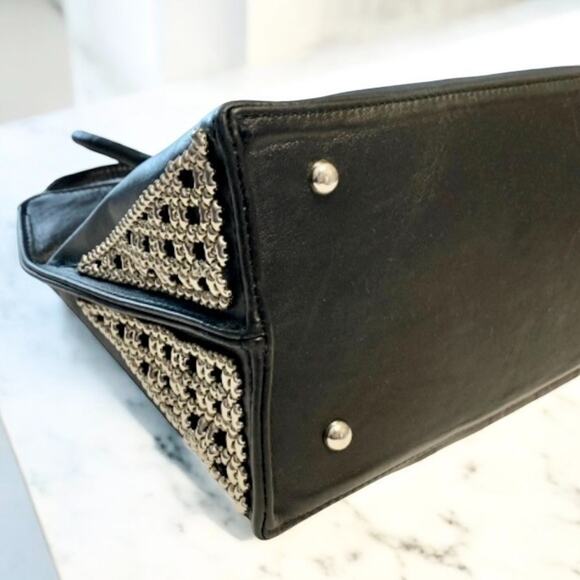 Sergio Gutierrez SG Liquid Metal Black Leather Tote Bag Italy Silver Mesh Chic - Picture 9 of 13